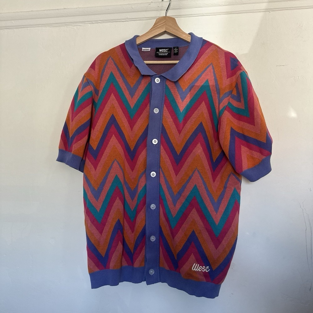 WESC Unsisex Collar Knit Polo‎ Shirt L/XL Colorful Chevron 100% Cotton Zig Zag